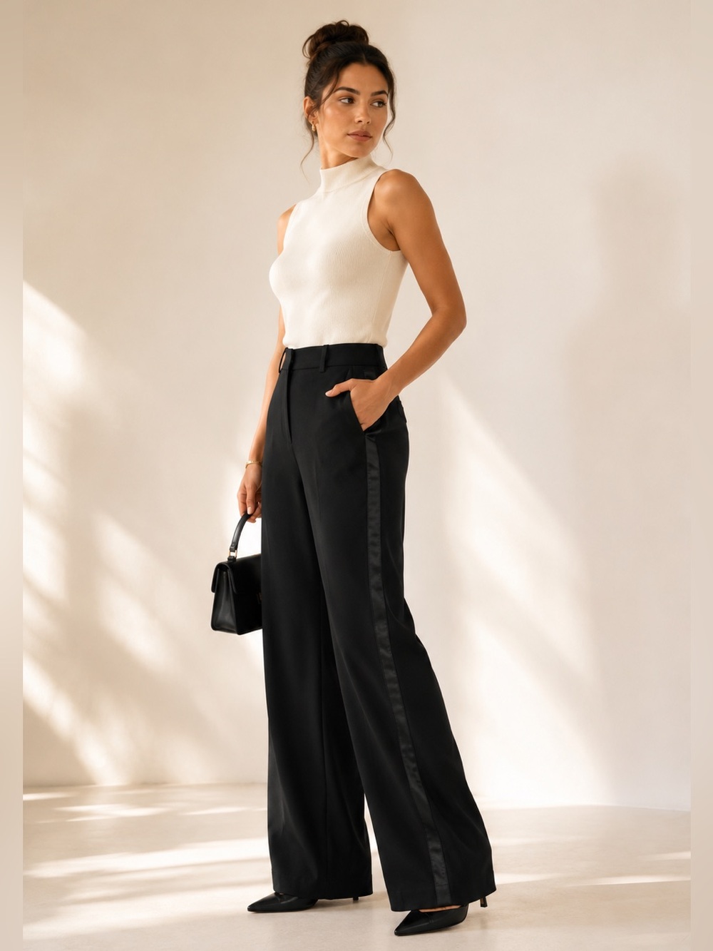 Club Monaco Black Wide Leg Tuxedo Satin Stripe Trousers Sz 10